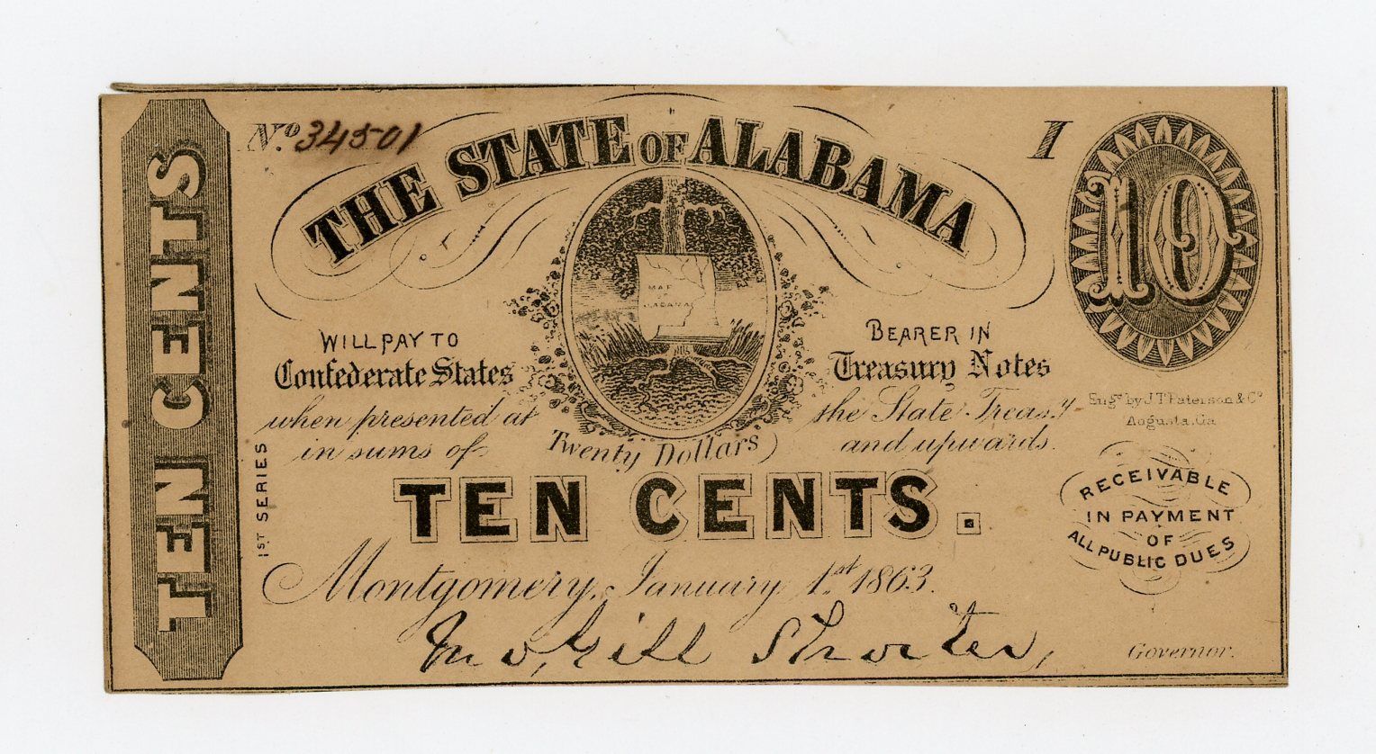 1863 10c The State of ALABAMA Note - CIVIL WAR Era UNC