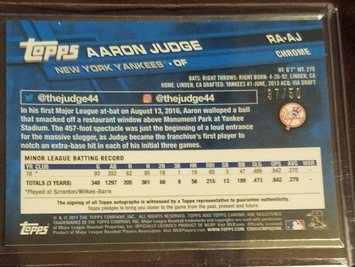 2017 Topps Chrome Aaron Judge GOLD Refractor On-Card Auto #/50 Rookie RC Yankees