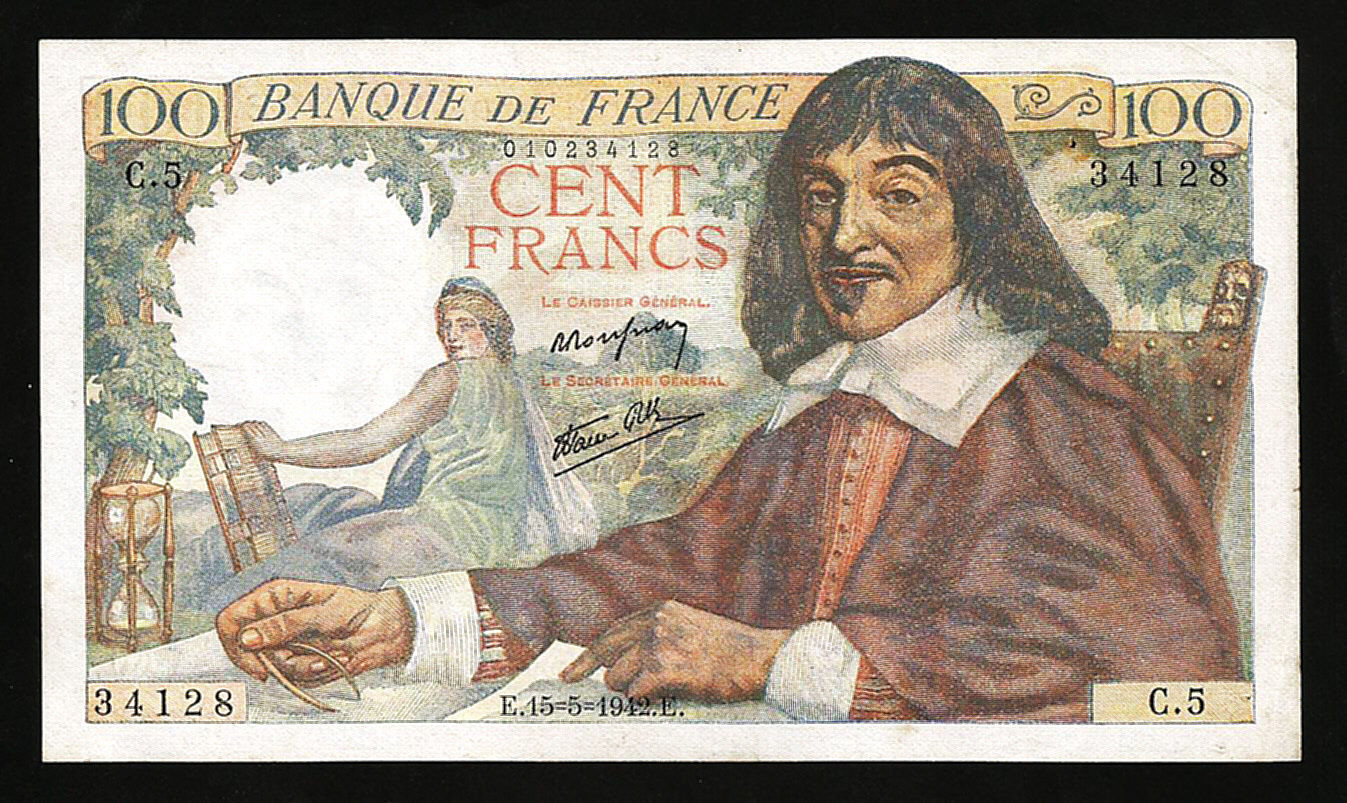 FRANCE 100 FRANCS 15-5-1942 XF+ DESCARTES P.101a