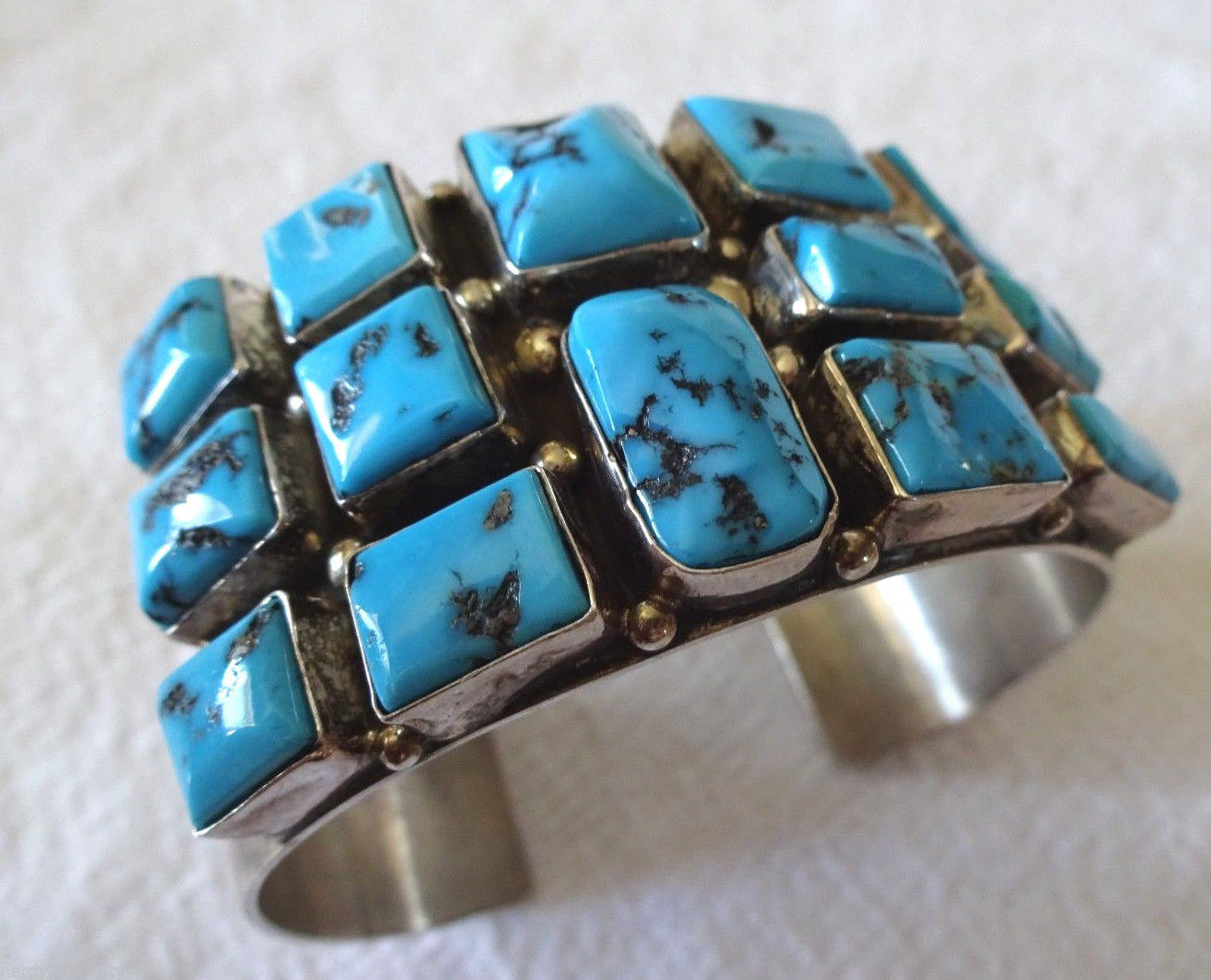 Signed Vintage NAVAJO Sterling Silver & Turquoise Square Cluster Cuff BRACELET