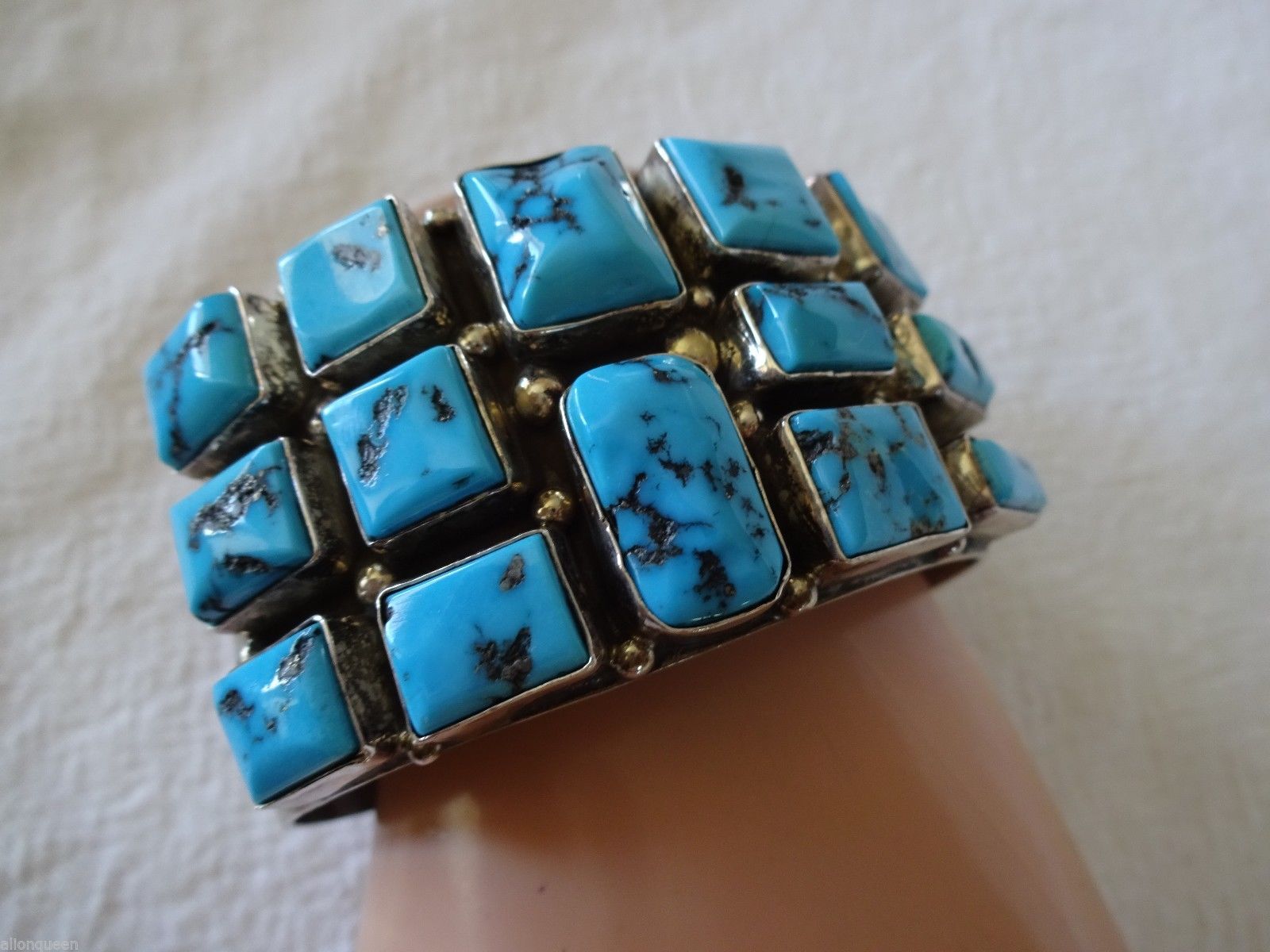 Signed Vintage NAVAJO Sterling Silver & Turquoise Square Cluster Cuff BRACELET