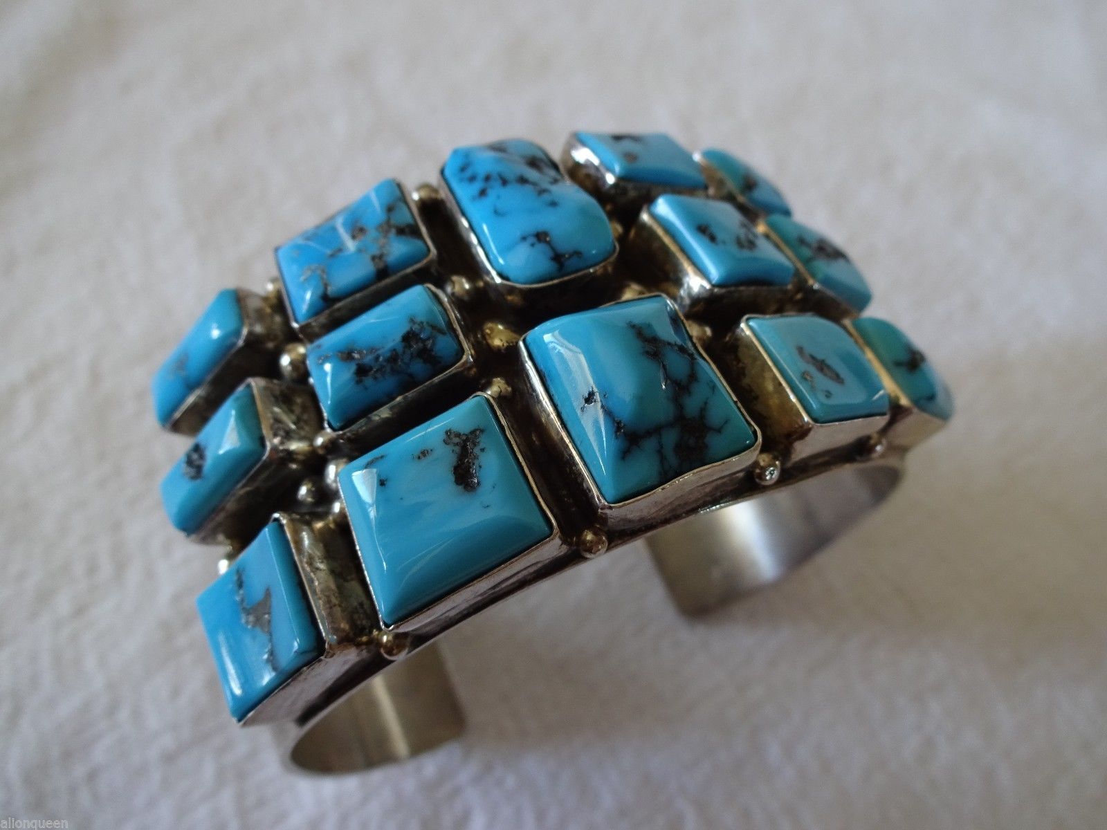 Signed Vintage NAVAJO Sterling Silver & Turquoise Square Cluster Cuff BRACELET