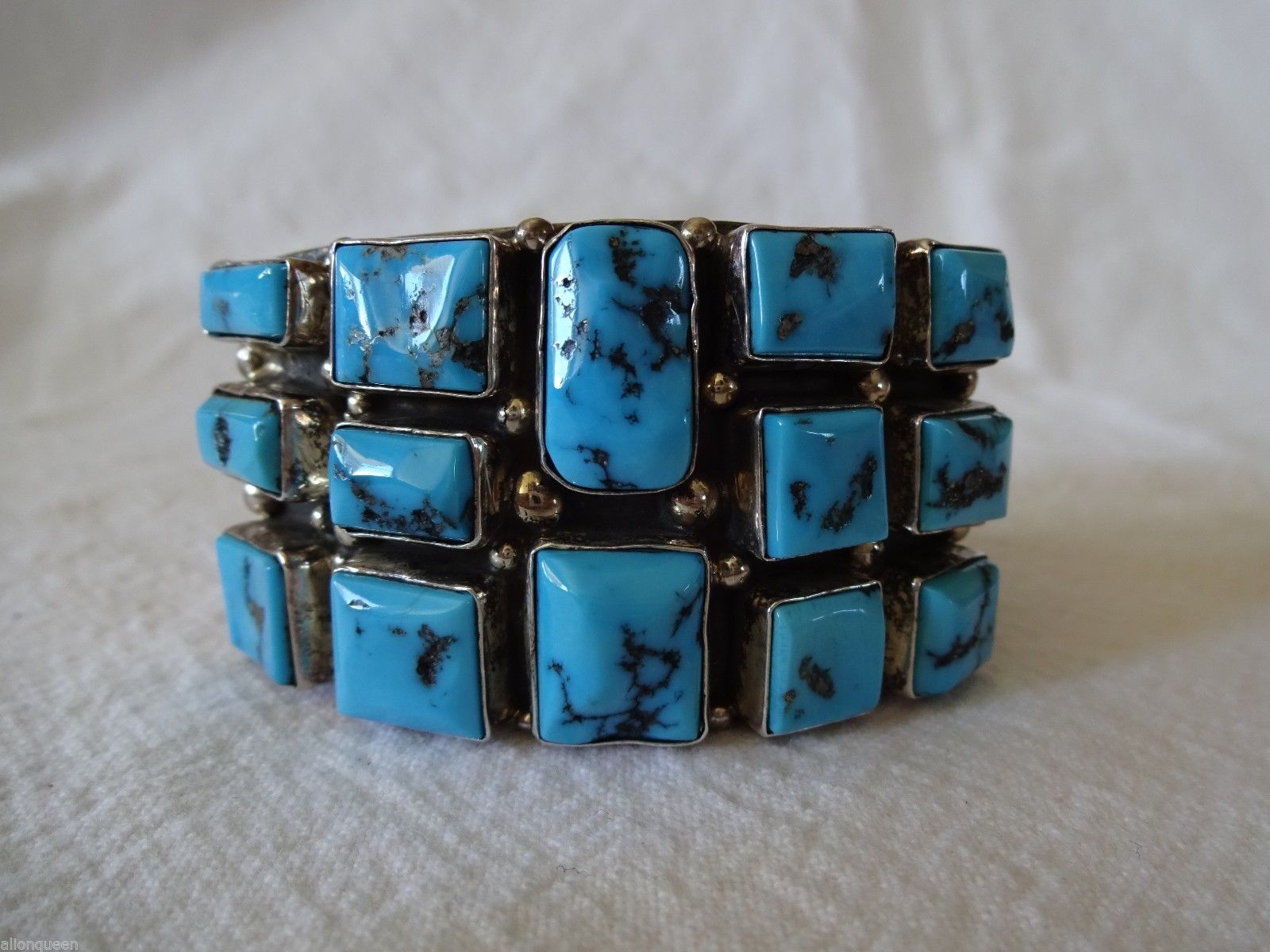 Signed Vintage NAVAJO Sterling Silver & Turquoise Square Cluster Cuff BRACELET