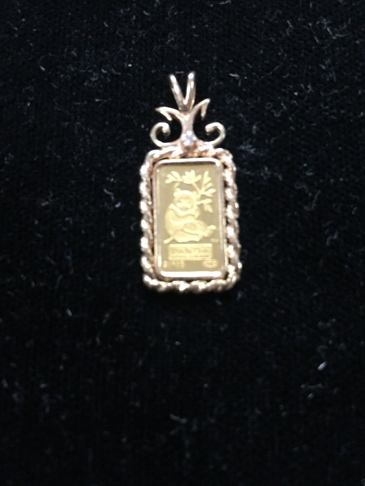 Gold Pendant -Credit Suisse PANDA Bar 1 GRAM .999 FINE w/ Diamond-Cut Bezel 14K