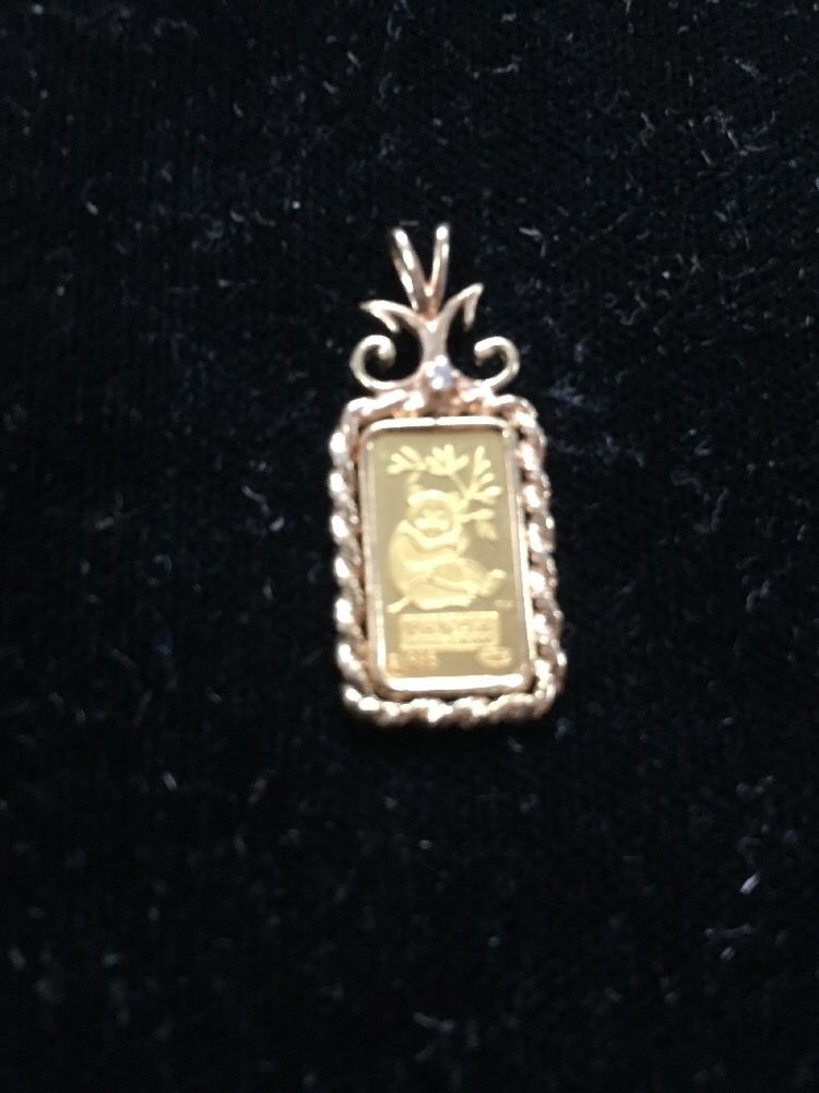 Gold Pendant -Credit Suisse PANDA Bar 1 GRAM .999 FINE w/ Diamond-Cut Bezel 14K