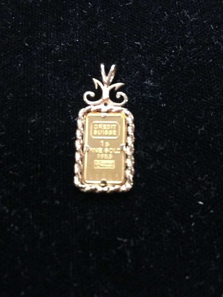 Gold Pendant -Credit Suisse PANDA Bar 1 GRAM .999 FINE w/ Diamond-Cut Bezel 14K