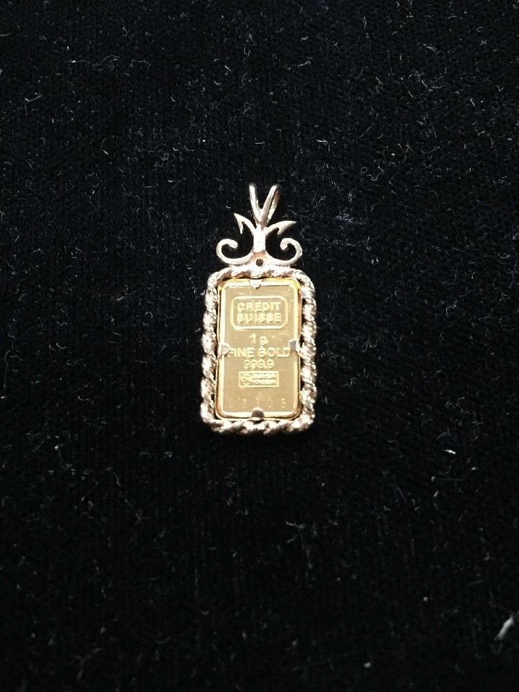 Gold Pendant -Credit Suisse PANDA Bar 1 GRAM .999 FINE w/ Diamond-Cut Bezel 14K