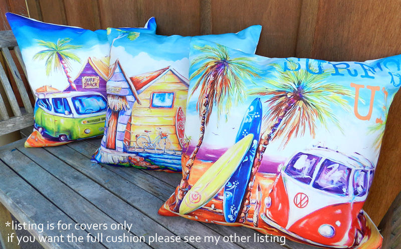 DEBORAH BROUGHTON ART Throw Pillow Cushion COVER 45x45cm Surf Beach & Kombi