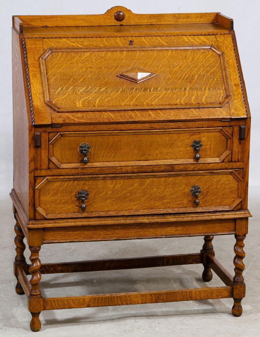 ANTIQUE ENGLISH BARLEY TWIST TIGER OAK SECRETARY / SLANT DESK