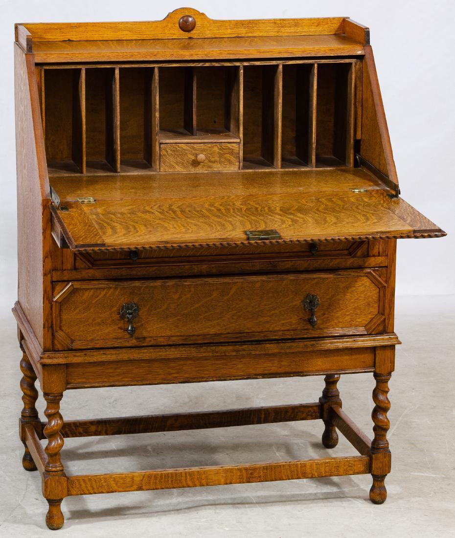 ANTIQUE ENGLISH BARLEY TWIST TIGER OAK SECRETARY / SLANT DESK