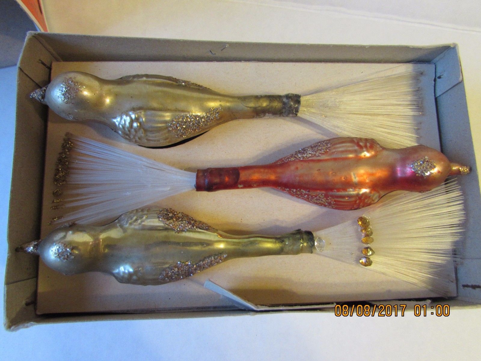 Vintage 3 Bird Shiny Brite  w/Box Christmas Decor, Mica Glass Tail  Clip on Nice