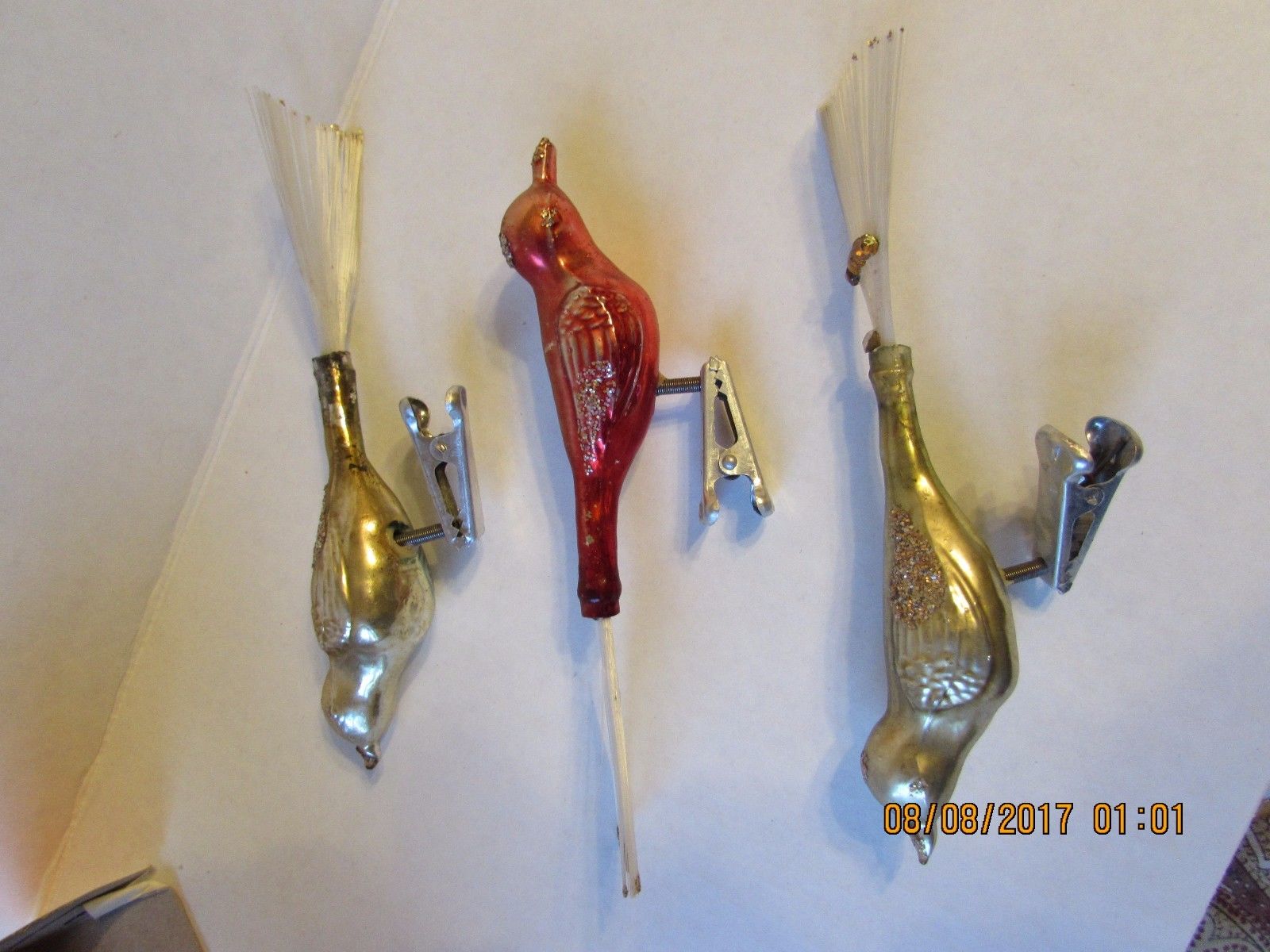 Vintage 3 Bird Shiny Brite  w/Box Christmas Decor, Mica Glass Tail  Clip on Nice