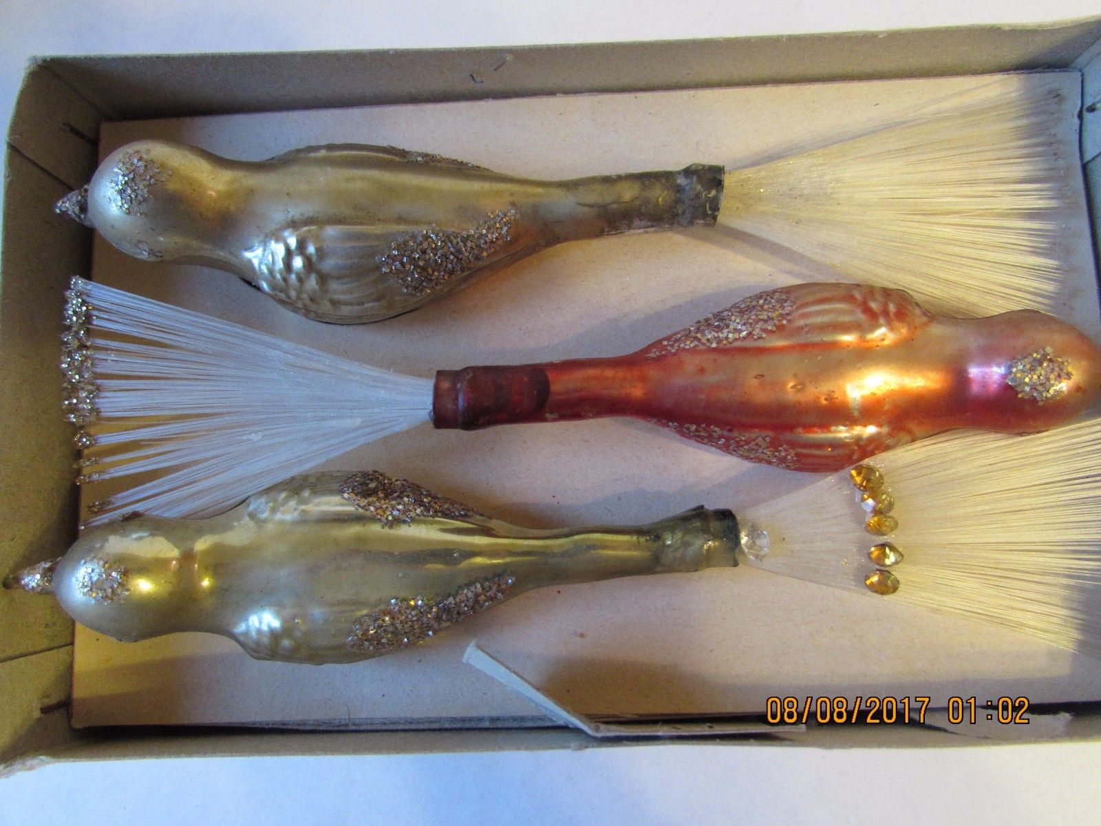 Vintage 3 Bird Shiny Brite  w/Box Christmas Decor, Mica Glass Tail  Clip on Nice