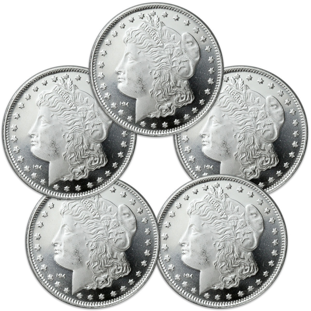 Lot of 5 - Morgan Dollar Design 1 Troy Oz .999 Fine Silver Rounds SKU31047