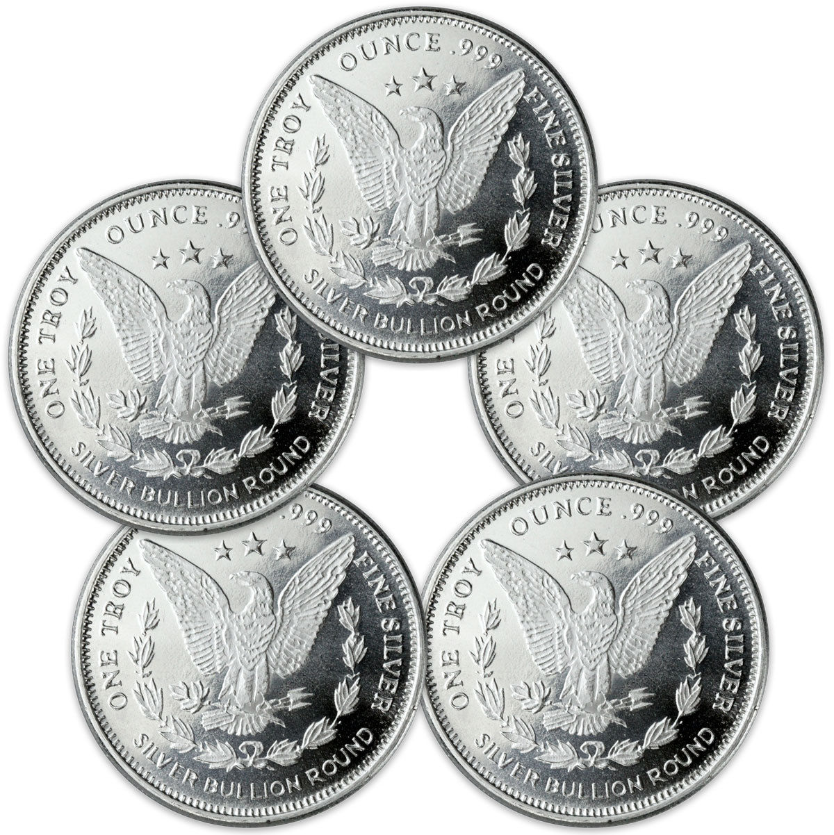 Lot of 5 - Morgan Dollar Design 1 Troy Oz .999 Fine Silver Rounds SKU31047