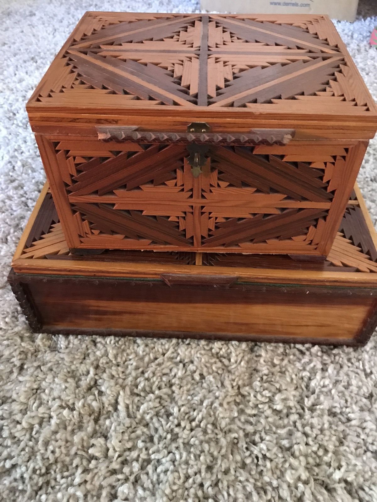 Amazing Tramp Art Wood Boxes Vintage Collectible One Of A Kind