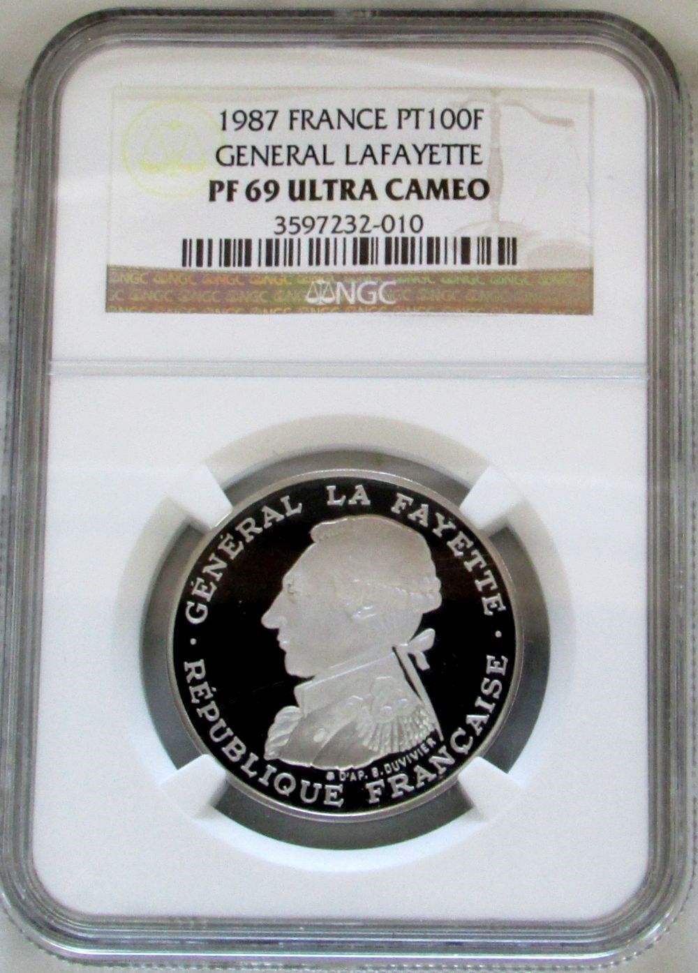 1987 PLATINUM FRANCE 100 FRANCS LAFAYETTE COIN NGC PROOF 69 ULTRA CAMEO