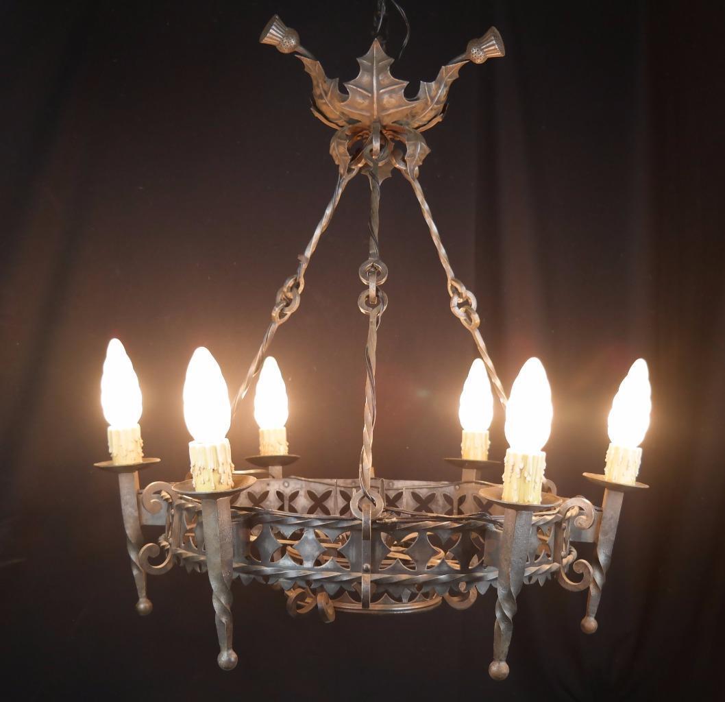 ANTIQUE FRENCH CHANDELIER WROUGHT IRON ART NOUVEAU SIGNED JEAN KEPPEL *REDUCED*