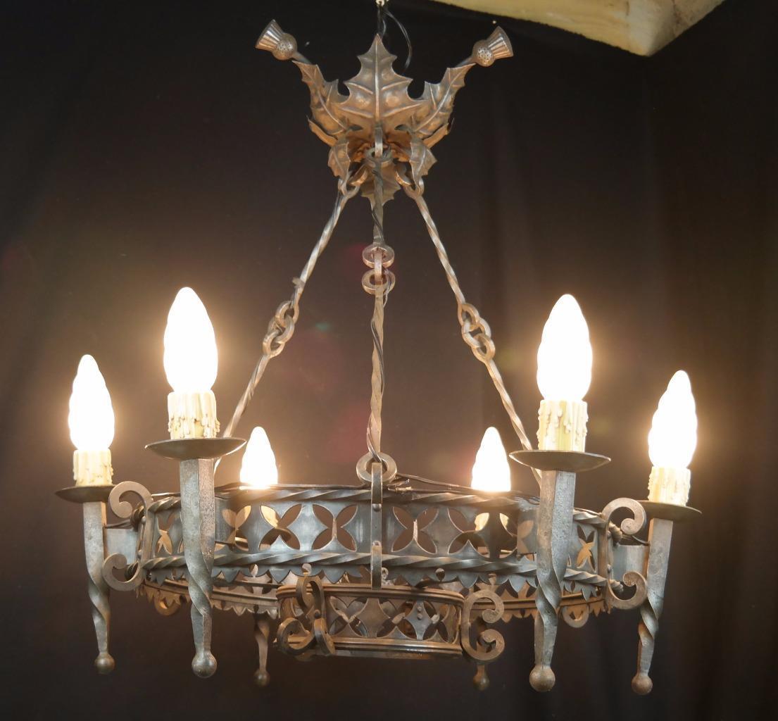 ANTIQUE FRENCH CHANDELIER WROUGHT IRON ART NOUVEAU SIGNED JEAN KEPPEL *REDUCED*