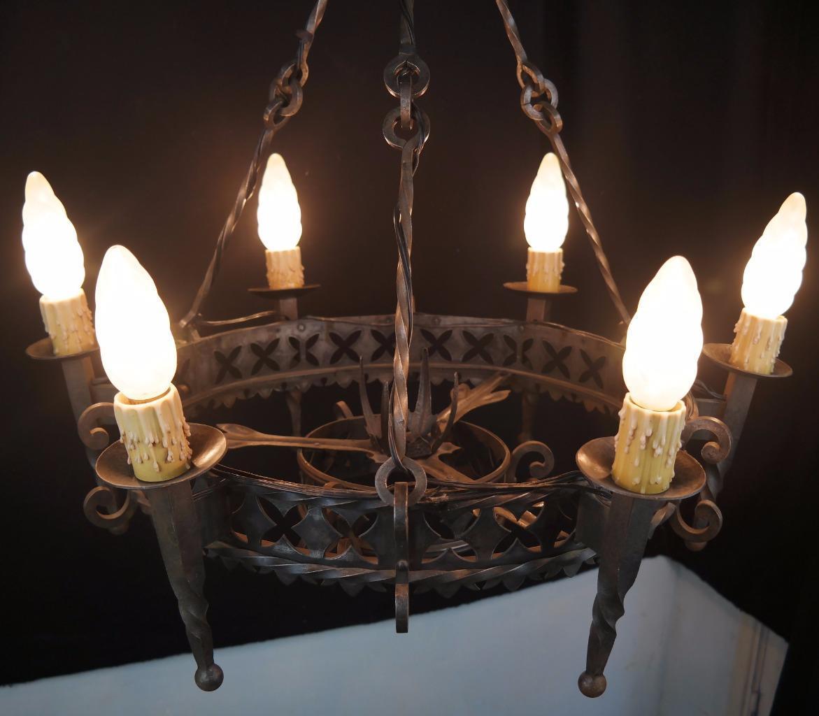 ANTIQUE FRENCH CHANDELIER WROUGHT IRON ART NOUVEAU SIGNED JEAN KEPPEL *REDUCED*