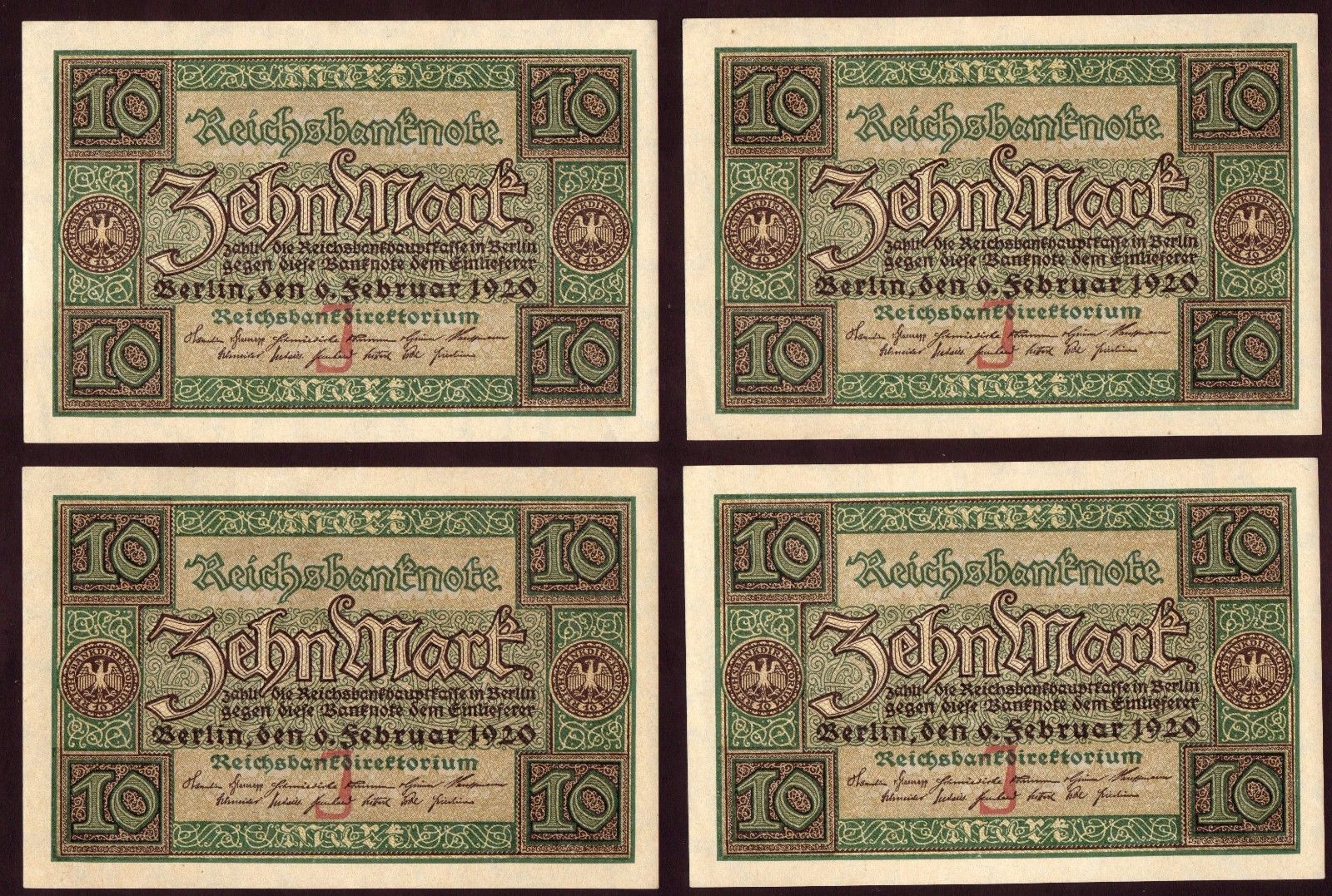 1920 10 Mark UNC Germany Lot 4 Consecutive Vintage Paper Money Banknote Currency