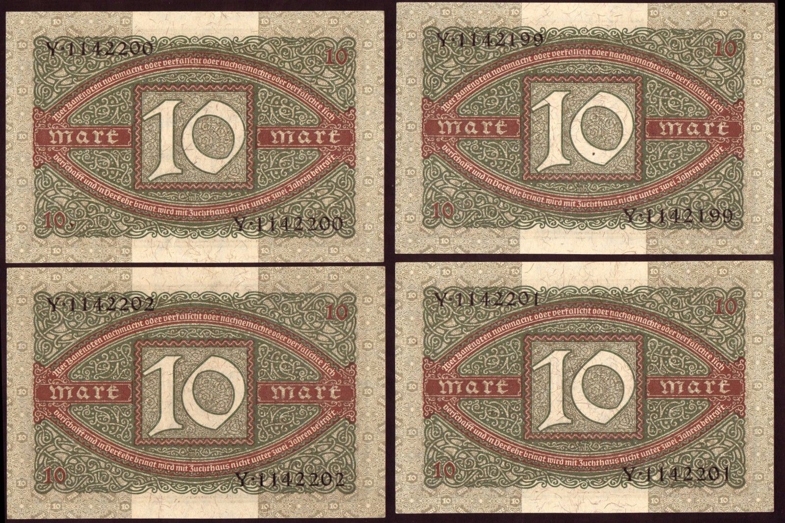 1920 10 Mark UNC Germany Lot 4 Consecutive Vintage Paper Money Banknote Currency