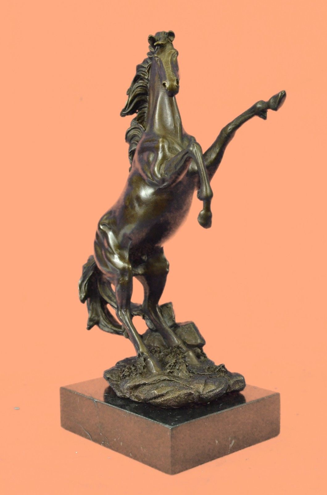 Rare Sculpture Abstract Art Copper Marble Horse Rearing Mars Figurine Bronze Sta