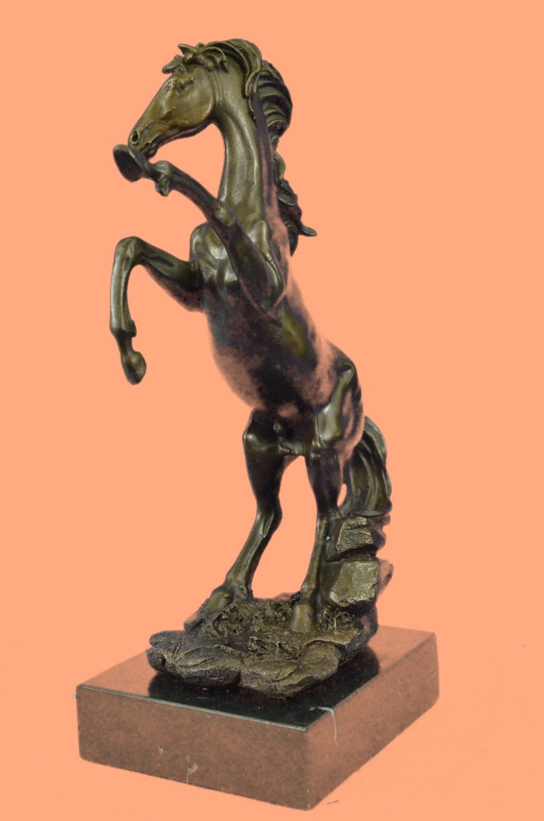 Rare Sculpture Abstract Art Copper Marble Horse Rearing Mars Figurine Bronze Sta