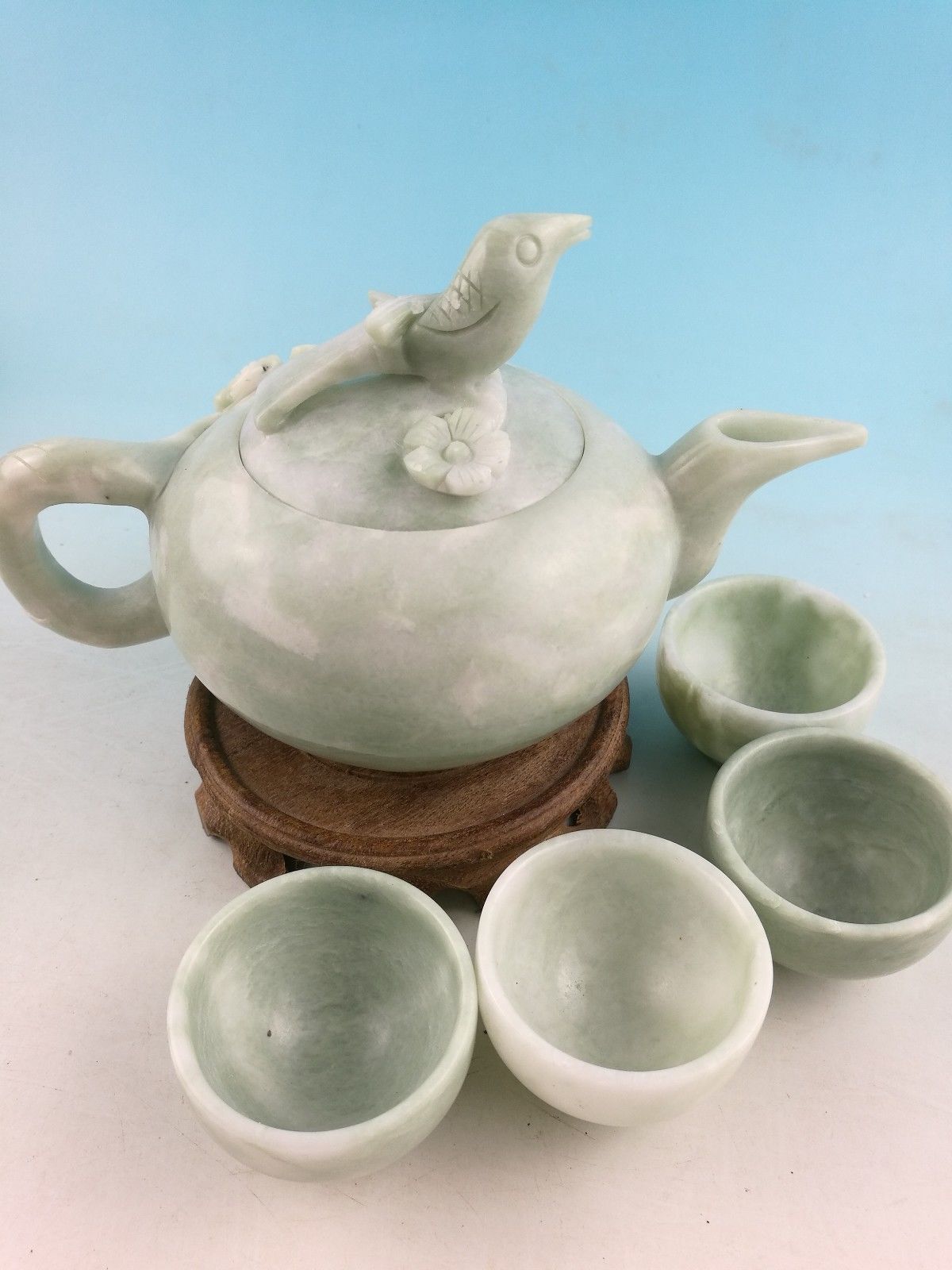 Chinese natural jade hand-carved bird teapot with 4 cups+box