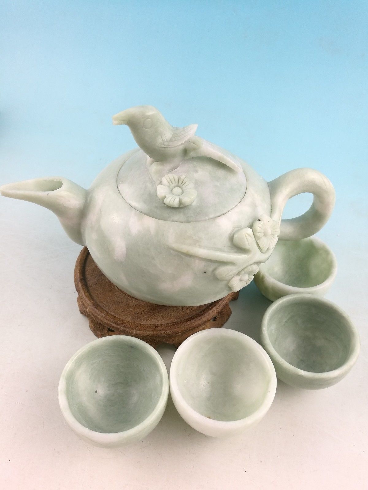 Chinese natural jade hand-carved bird teapot with 4 cups+box