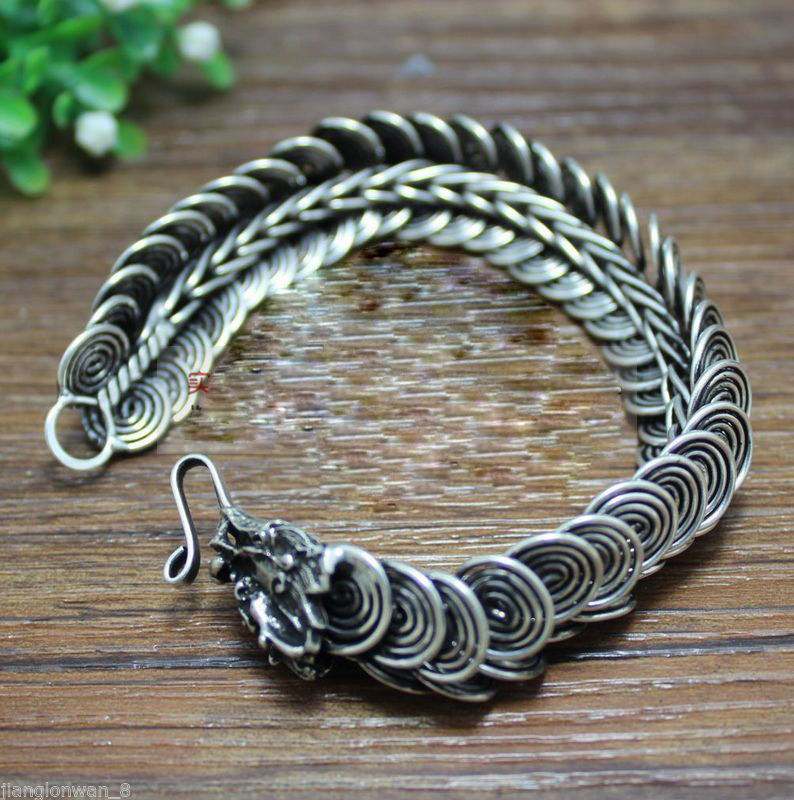 Chinese Handmade Tibetan silver Carved Dragon Head Men's Bracelet Bangle