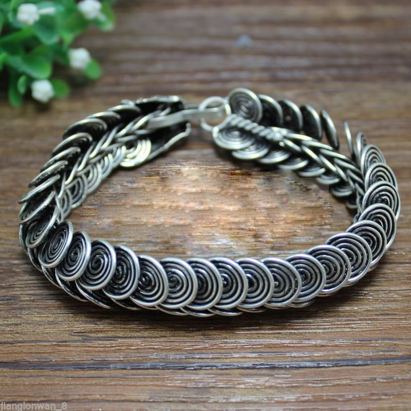 Chinese Handmade Tibetan silver Carved Dragon Head Men's Bracelet Bangle