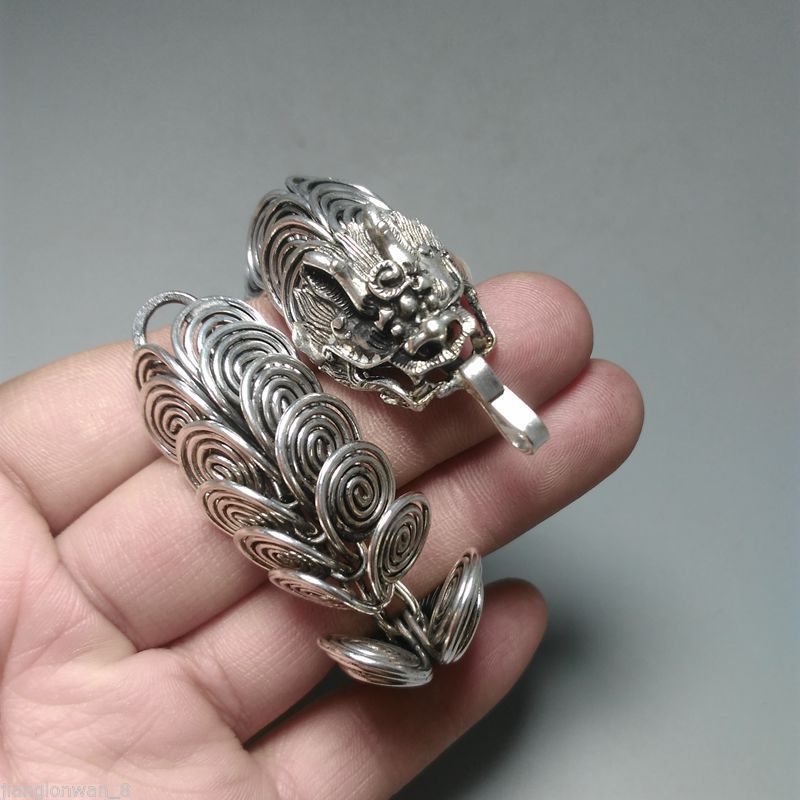 Chinese Handmade Tibetan silver Carved Dragon Head Men's Bracelet Bangle