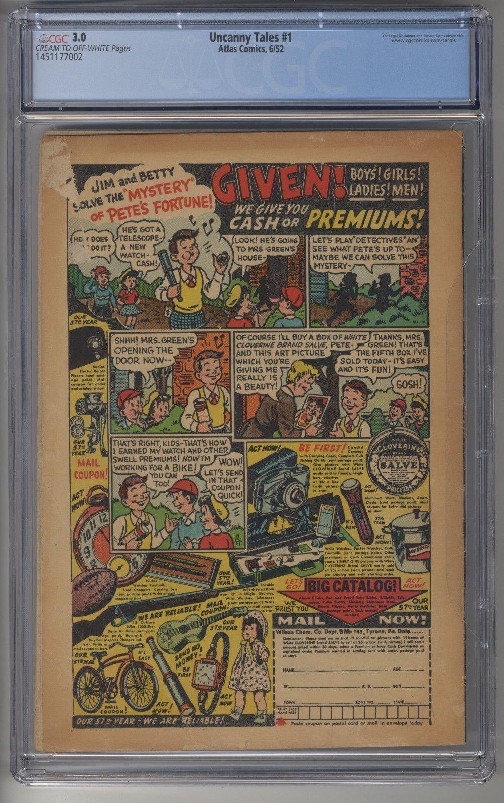 UNCANNY TALES #1 CGC 3.0 Marvel Pre-Code Horror Golden Age