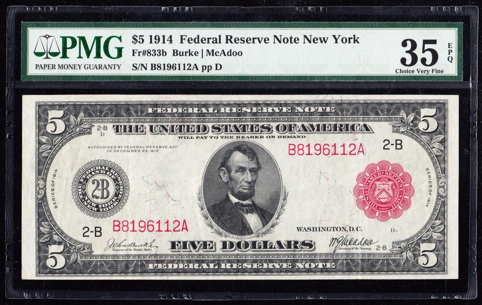 FR833b $5 1914 RED SEAL SERIES FRN NEW YORK PMG 35 EPQ CHOICE VF WLM3131