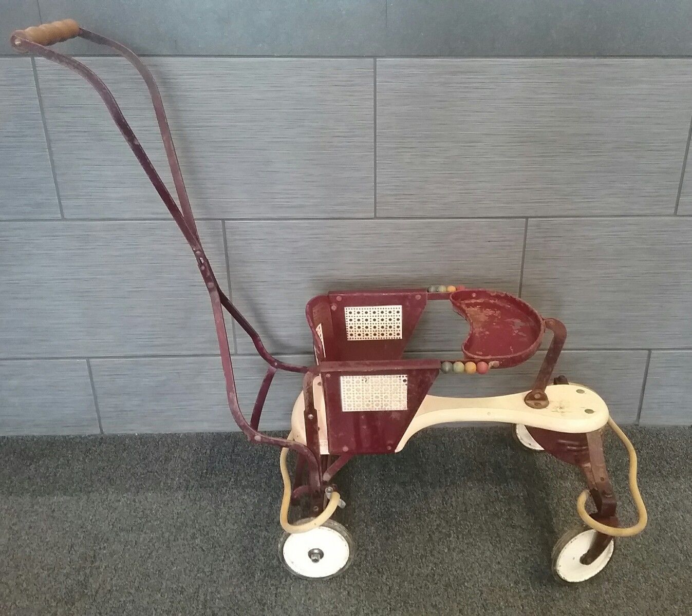 Vintage 1950's Taylor Tot Burgundy/Cream Metal & Wood Stroller/Walker - RARE MOD