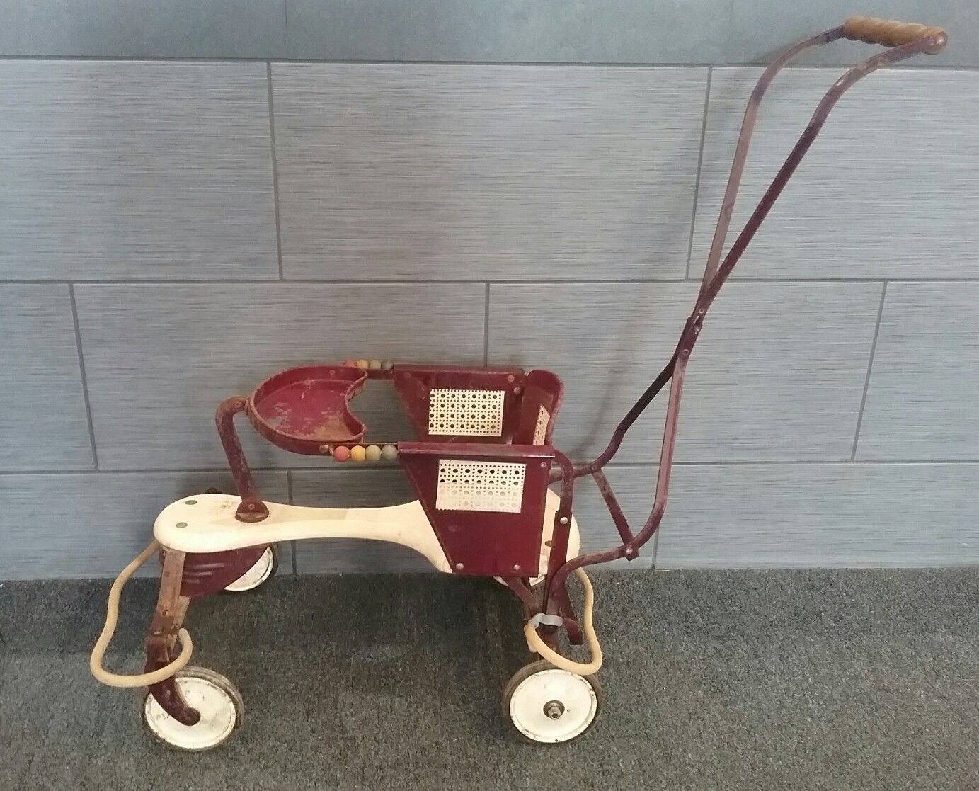 Vintage 1950's Taylor Tot Burgundy/Cream Metal & Wood Stroller/Walker - RARE MOD