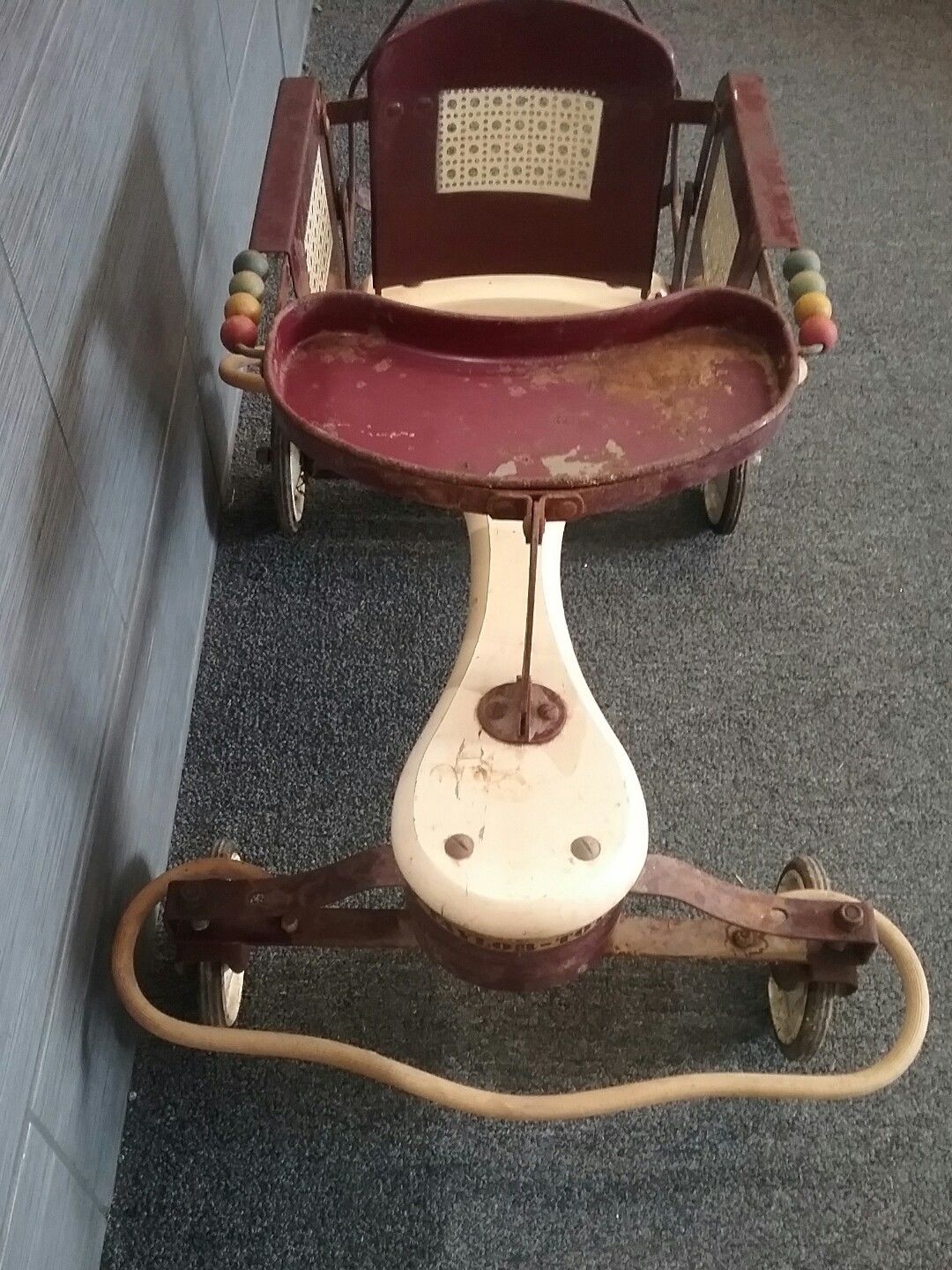 Vintage 1950's Taylor Tot Burgundy/Cream Metal & Wood Stroller/Walker - RARE MOD