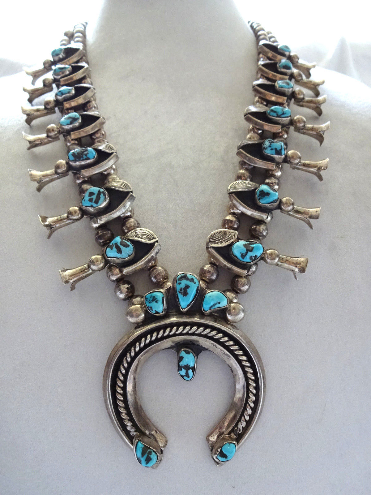 Vintage NAVAJO Hand Stamped Sterling Silver & TURQUOISE Squash Blossom NECKLACE