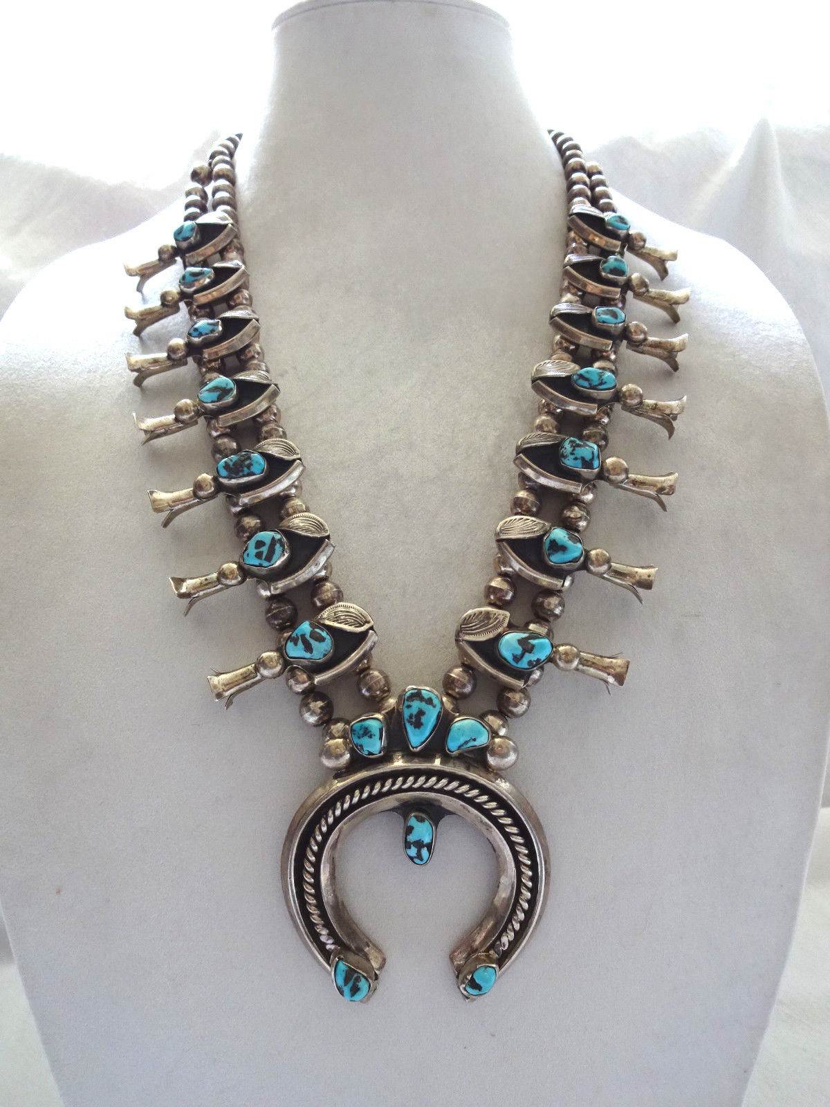 Vintage NAVAJO Hand Stamped Sterling Silver & TURQUOISE Squash Blossom NECKLACE