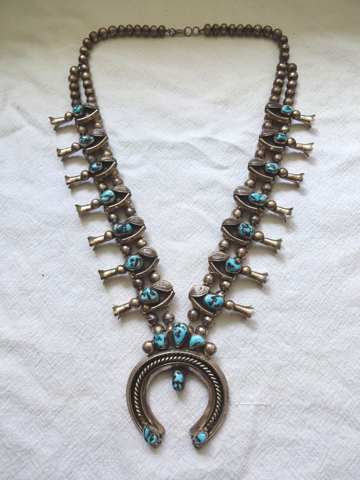 Vintage NAVAJO Hand Stamped Sterling Silver & TURQUOISE Squash Blossom NECKLACE