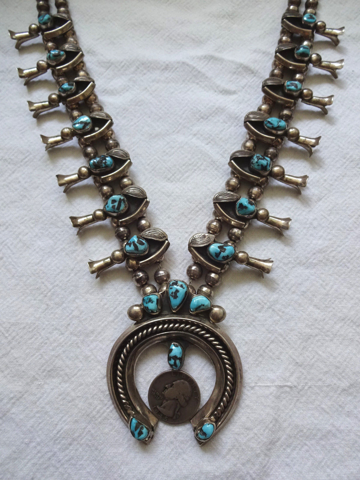 Vintage NAVAJO Hand Stamped Sterling Silver & TURQUOISE Squash Blossom NECKLACE