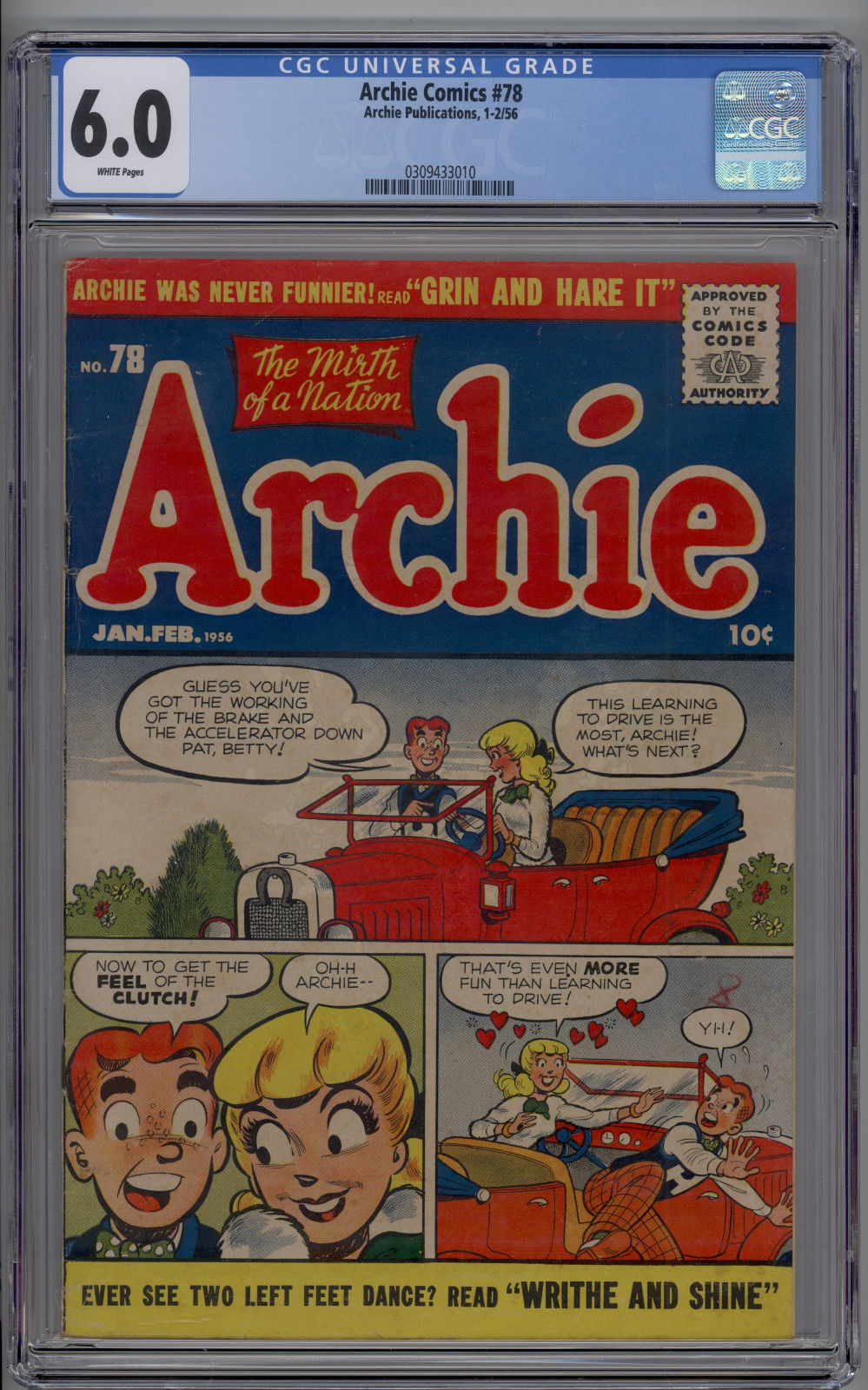 Archie Comics # 78 CGC 6.0 FN White Pages 1956 Archie Publications