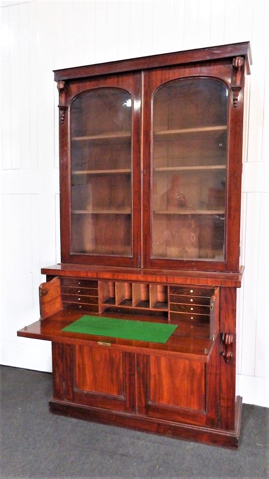 Antique flame mahogany bureau bookcase - secretaire - writing desk