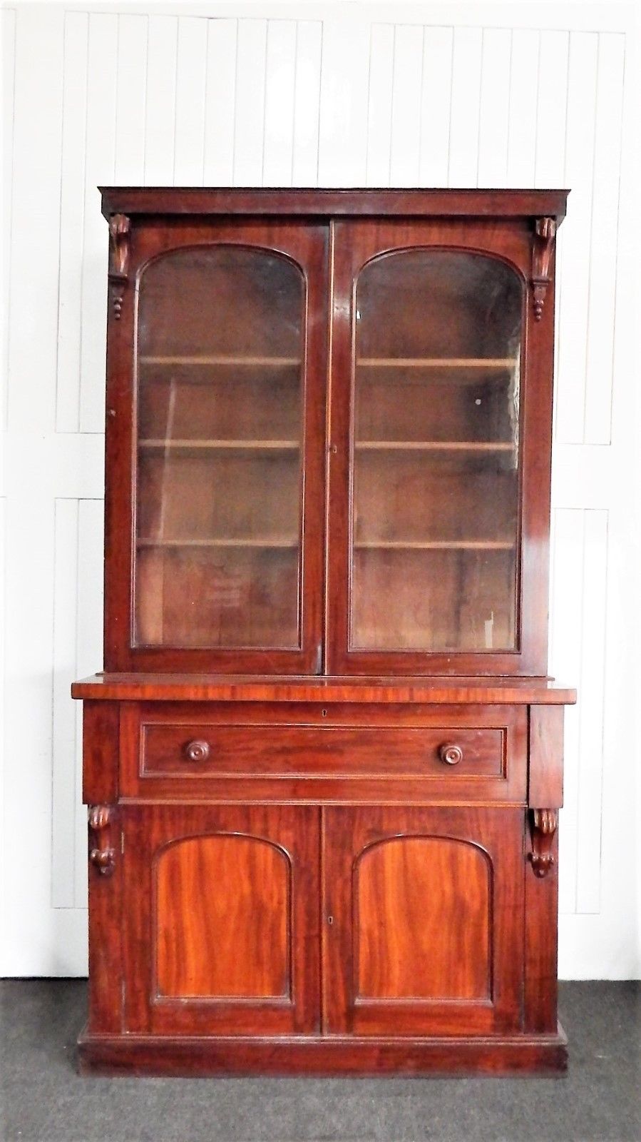 Antique flame mahogany bureau bookcase - secretaire - writing desk