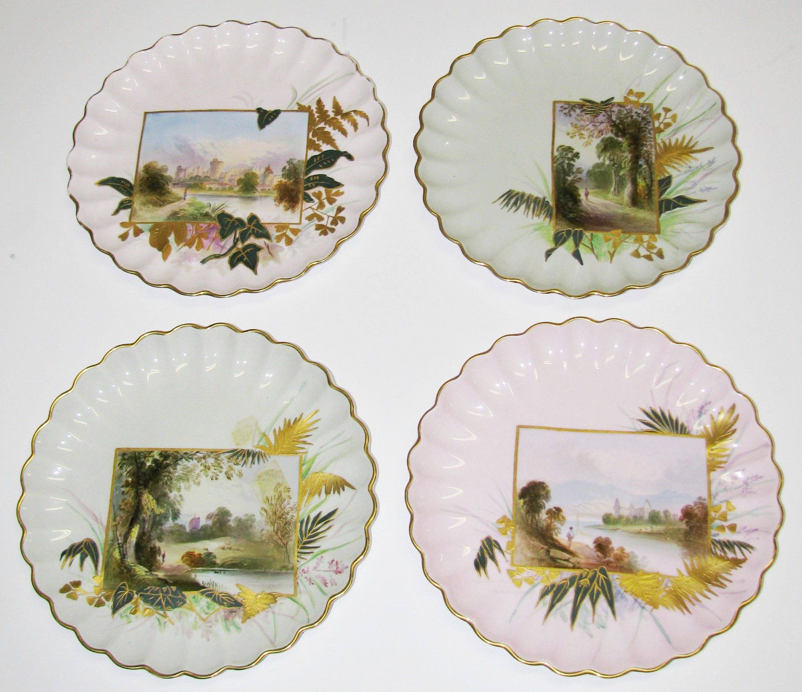 Set of 4 Antique Spode Copeland Scenic Plates Hand Painted Piecrust Scalloping