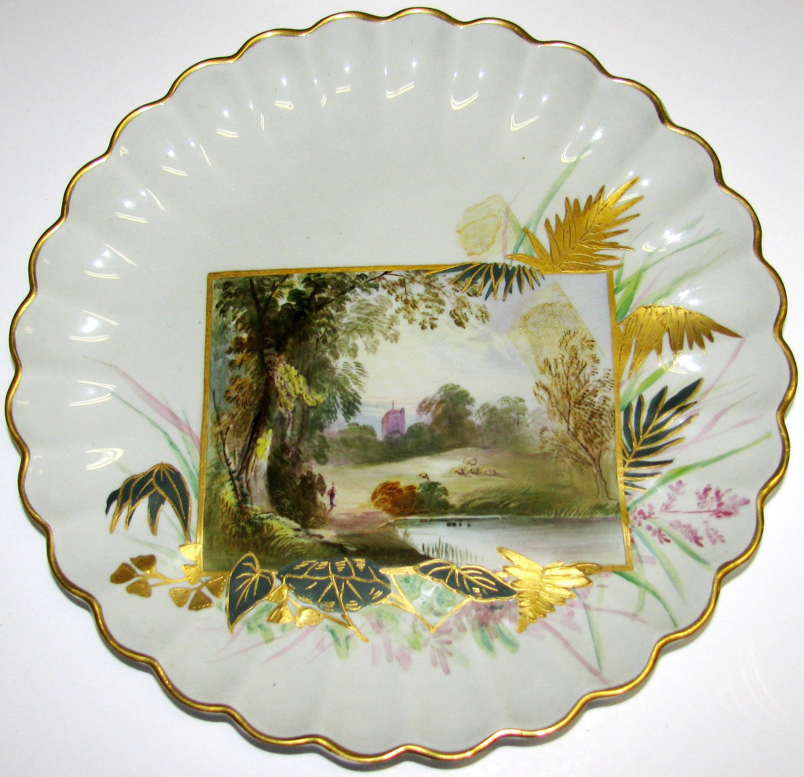 Set of 4 Antique Spode Copeland Scenic Plates Hand Painted Piecrust Scalloping