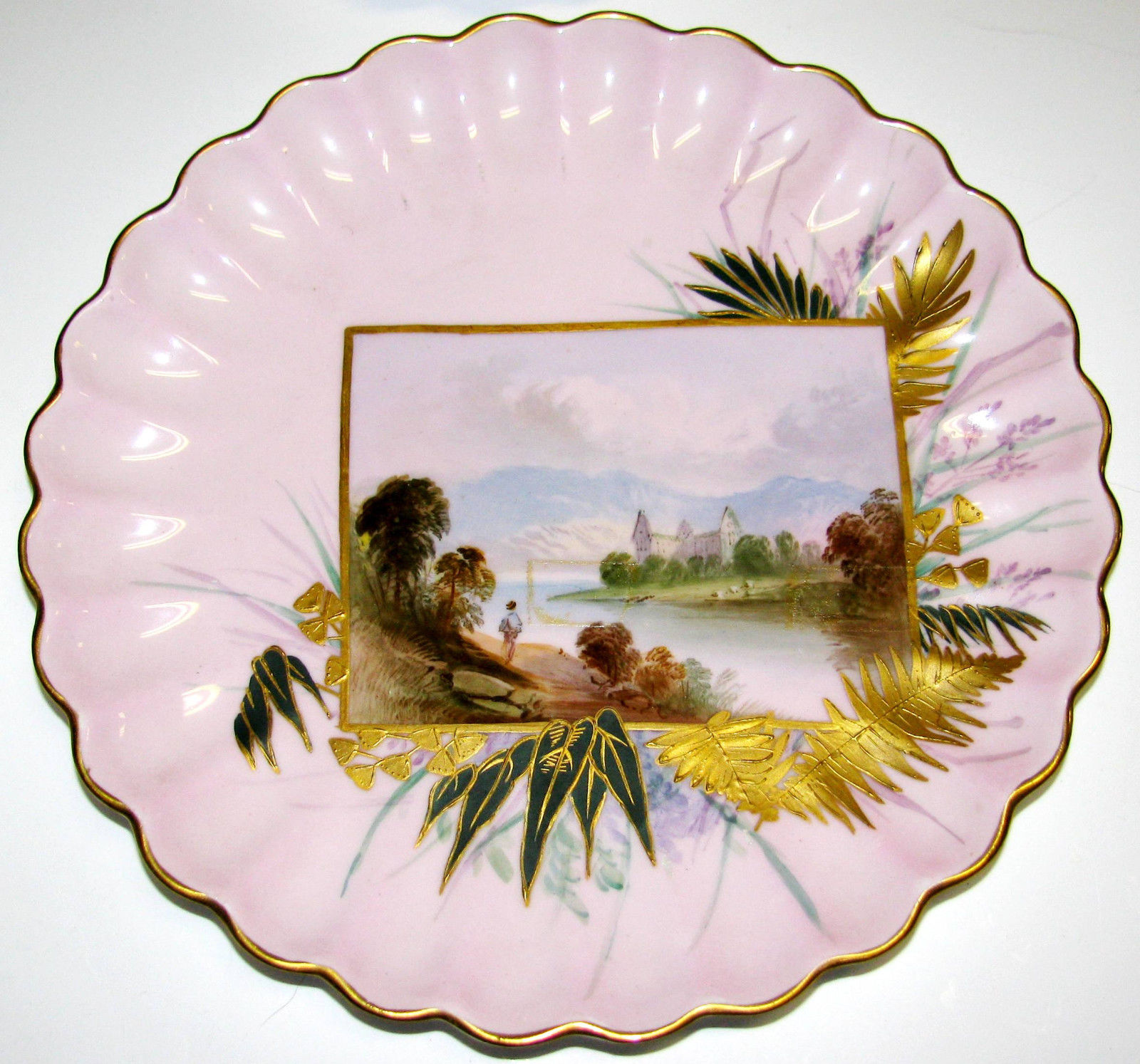 Set of 4 Antique Spode Copeland Scenic Plates Hand Painted Piecrust Scalloping