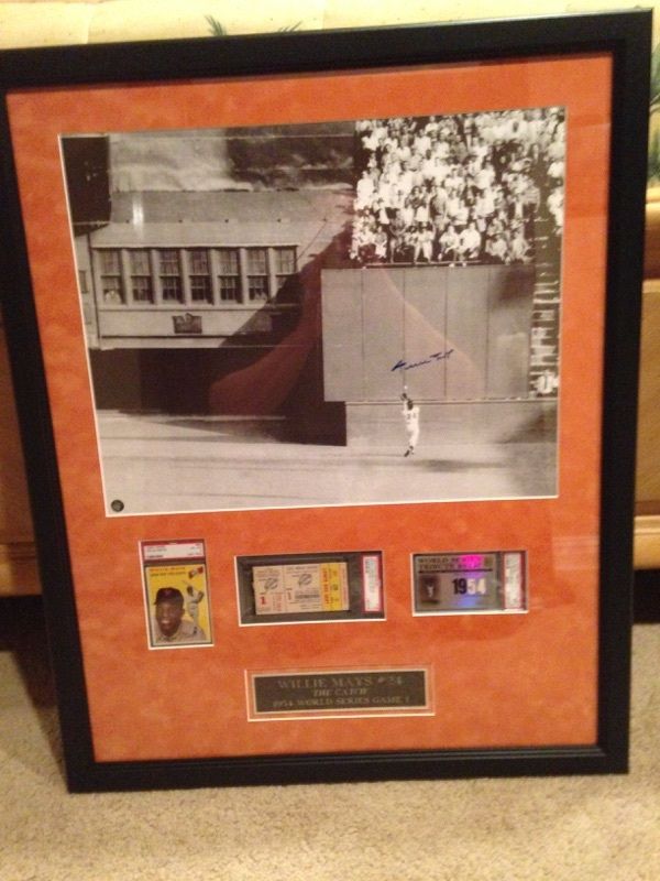 Willie Mays Signed Auto 16x20 Framed Photo with World Series Game 1 Ticket Stub