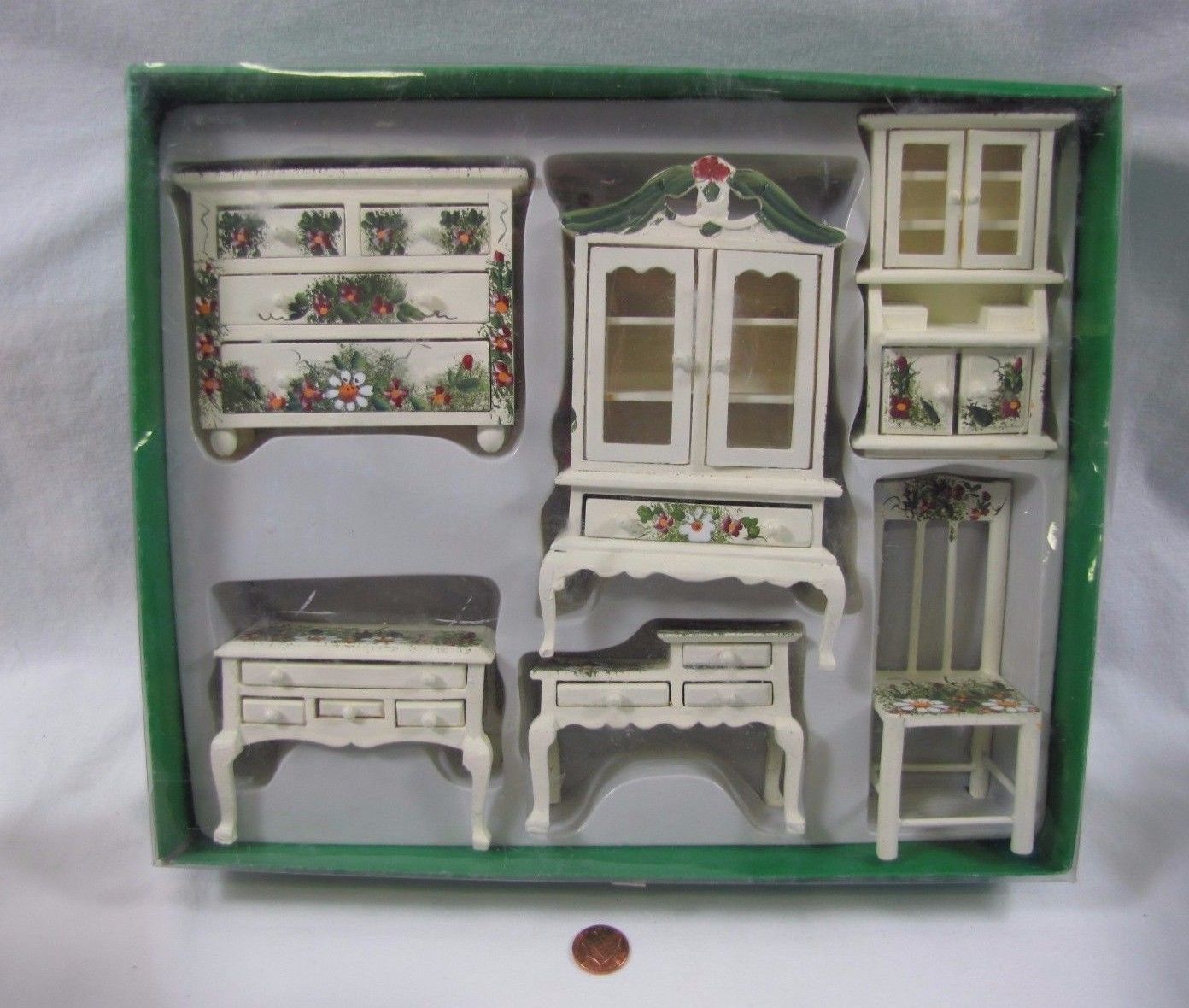 New! Set of WOOD HAND-PAINTED DOLLHOUSE FURNITURE Dresser Cabinet Desk Miniature